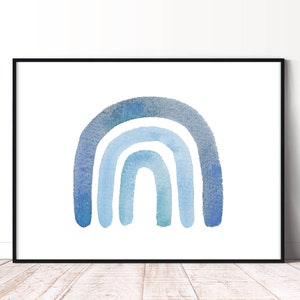 May include: A watercolor painting of a rainbow in shades of blue. The rainbow is painted in a simple, modern style, with a white background.