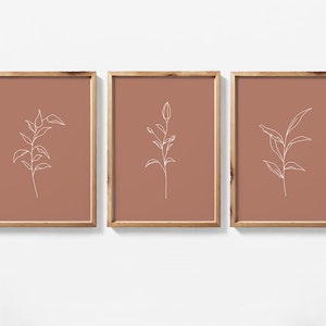 Botanical Line Art Set of 3 Prints, 3 Piece Flower Line Drawing Triptych Featuring Terracotta Printable Wall Art, Digital Wall Art Set