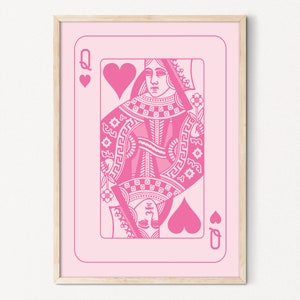 Cartel imprimible de la reina rosa de corazones, decoración del dormitorio rosa, Lucky you imprime arte de la pared del dormitorio rosa jugando a las cartas cartel reina rosa arte de la pared
