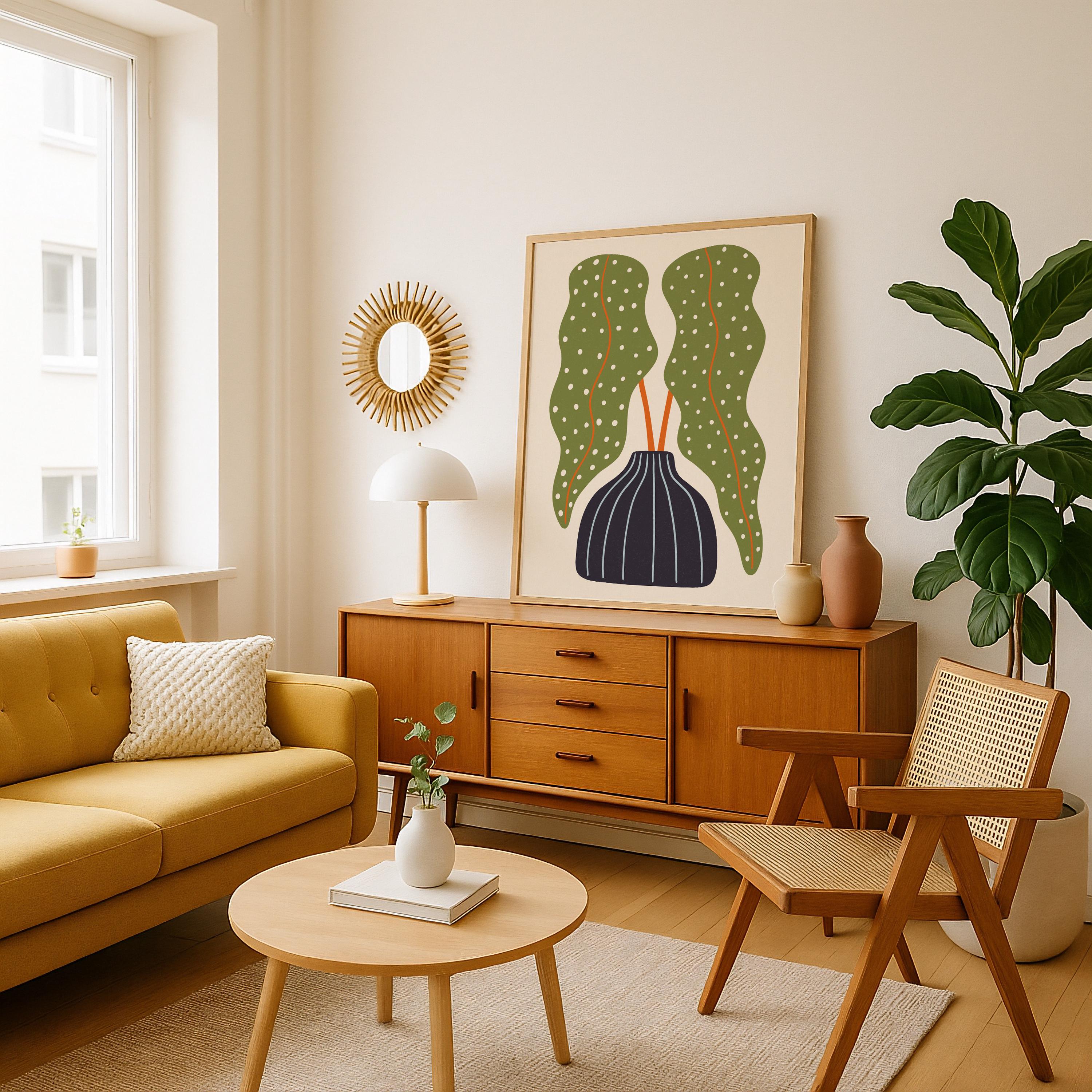 Modern Green Leaf Wall Art– Mid Century Abstract Botanical Print