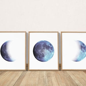 Blue Moon Phase 3 Piece Wall Art, Navy Blue Wall Art Watercolor Set of 3 Moon Printable Wall Art featuring Lunar Phases Minimalist Decor