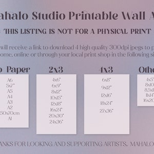May include: Printable wall art digital download in various sizes. The image shows a chart with different paper sizes and their corresponding dimensions in inches. The text "This listing is not for a physical print" is at the top of the image.