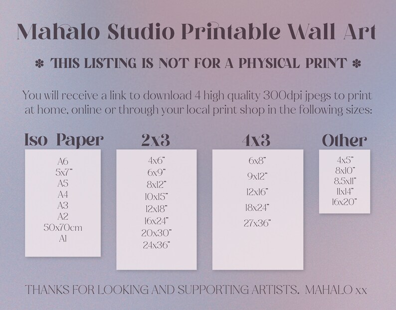 May include: Printable wall art digital download in various sizes. The image shows a chart with different paper sizes and their corresponding dimensions in inches. The text "This listing is not for a physical print" is at the top of the image.