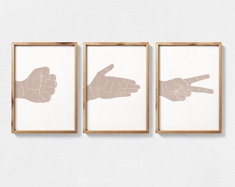 Rock Paper Scissors Set of 3 printable wall art, Paper Scissors Rock Hand Gesture 3 Piece Wall Art, Hand Signal Woodblock Style Prints