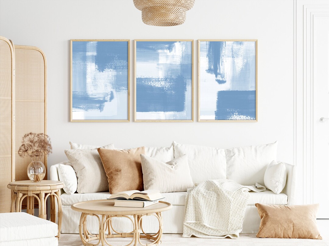 Blue and White Abstract Art 3 Piece Wall Art, Contemporary Abstract Art