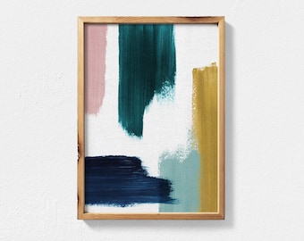 Abstract Painting Featuring Teal, Mustard, Navy Blue and Blush Pink Brush Strokes, Contemporary Printable Wall Art, Teal Decor Abstract Art