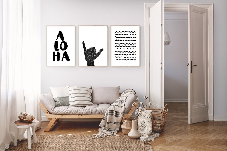 Hawaii Art Digital Download Featuring Aloha Quote, Waves and Shaka Hand Set of 3 Printable Wall Art, Surfer Wall Art, Hawaiian Wall Art image 4