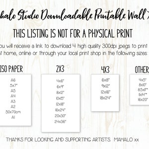 May include: Printable wall art listing from Mahalo Studio. The image displays various print sizes, including ISO paper sizes, 2x3, 4x3, and other sizes like 4x5" and 8x10". The text indicates this is a digital download, not a physical print.