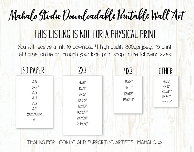 May include: Printable wall art listing from Mahalo Studio. The image displays various print sizes, including ISO paper sizes, 2x3, 4x3, and other sizes like 4x5" and 8x10". The text indicates this is a digital download, not a physical print.