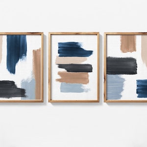 Abstract Wall Art Set of 3 Blue and Neutral Tones Abstract Art 3 Piece ...