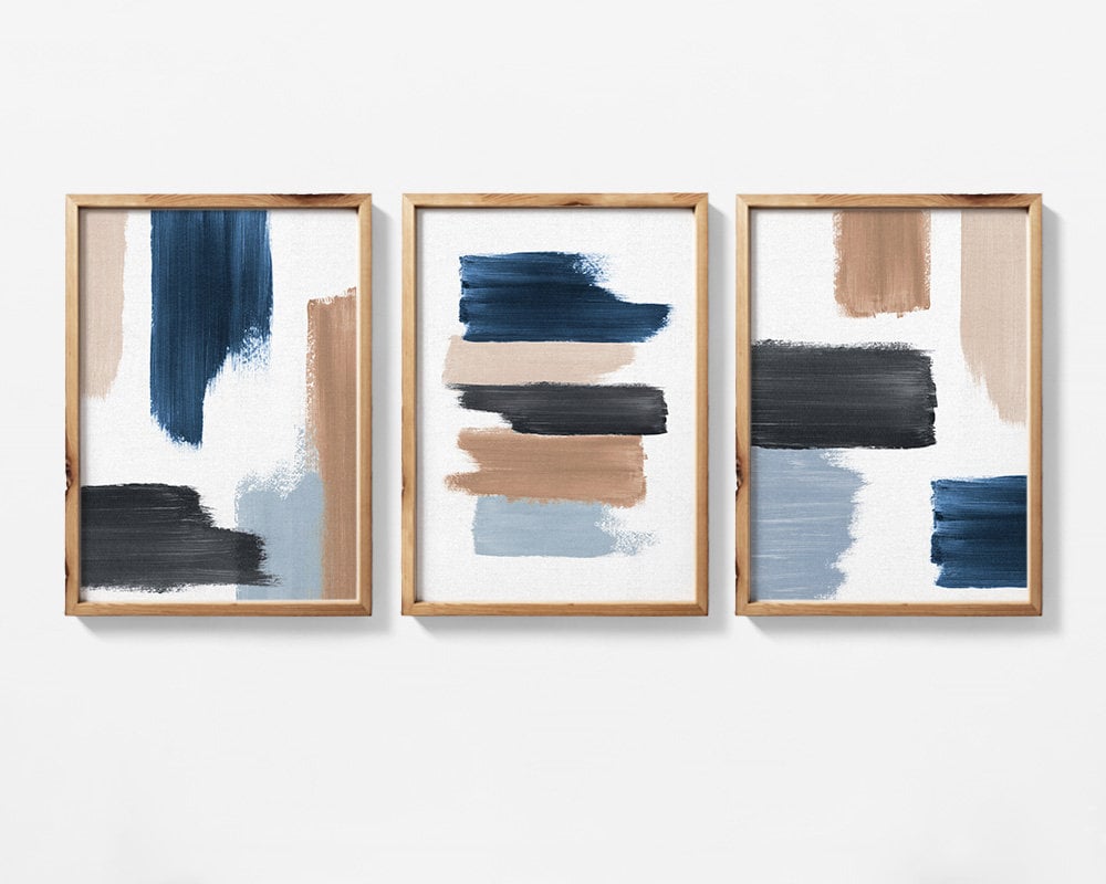 Abstract Wall Art Set of 3 Blue and Neutral Tones Abstract Art Etsy