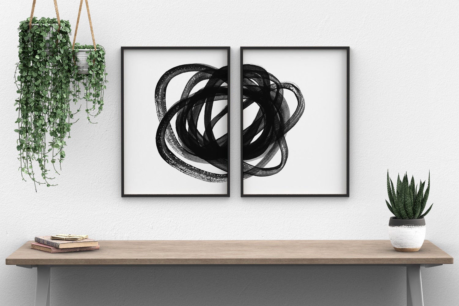 Black and White Abstract Art 2 Piece Wall Art Scribble Art - Etsy