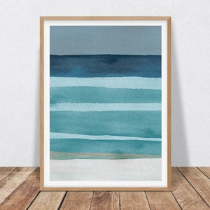 May include: Abstract watercolor painting in shades of blue and teal, depicting a seascape with horizontal stripes representing waves and a sky.