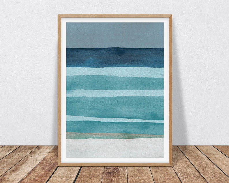 May include: Abstract watercolor painting in shades of blue and teal, depicting a seascape with horizontal stripes representing waves and a sky.