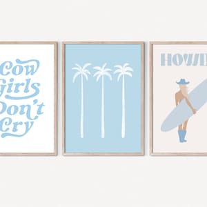 Coastal Cowgirl Aesthetic Set of 3 Prints Blue Wall Art Blue Cowgirl Wall Art Lucky You Preppy Room Decor Howdy Surfing Cowgirl Wall Art