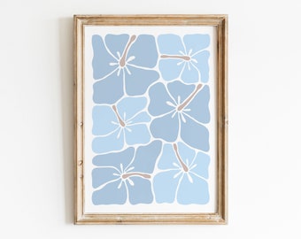 May include: A framed print with a pattern of blue stylized flowers. The flowers are arranged in a repeating pattern and have a light blue and dark blue color gradient.