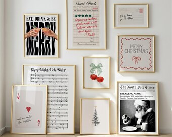 Modern Vintage Christmas Gallery Wall Set, Printable Holiday Wall Art, Neutral Festive Decor Santa Newspaper, Cocktail Poster, Guest Check