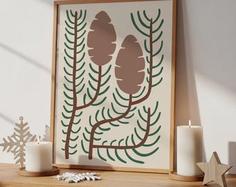 Abstract Pinecone Christmas Wall Art, Modern Minimalist Holiday Printable, Mid Century Evergreen Botanical Print for Cozy Winter Decor