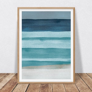 Abstract Art Seascape Painting Featuring Teal, Navy Blue and Beige, Coastal Decor Printable Wall Art