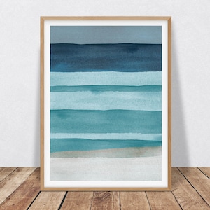 Abstract Art Seascape Painting Featuring Teal, Navy Blue and Beige, Coastal Decor Printable Wall Art