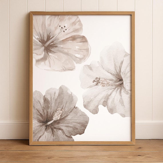 Neutral Hibiscus Wall Art – Oversized Floral Print for Modern Coastal Decor, Beige Botanical Poster for Beach House or Minimalist Bedroom