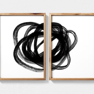 Black and White Abstract Art 2 Piece Wall Art, Scribble Art Set of 2 Abstract Painting, Minimalist Line Art, Extra Large Printable Wall Art