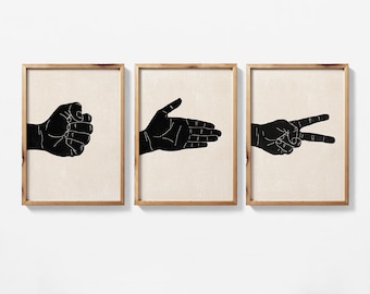 Rock Paper Scissors Set of 3 printable wall art, Paper Scissors Rock Hand Gesture 3 Piece Wall Art, Hand Signal Woodblock Style Prints