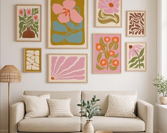 Retro Flower Wall Art Set, Printable Boho Floral Gallery Wall Bundle in Pink, Mustard, Orange and Green, Mid Century Modern Botanical Decor