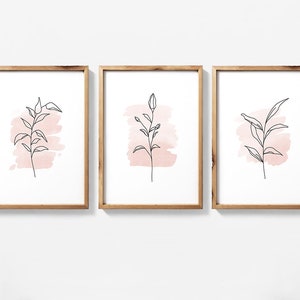 3 Piece Flower Line Drawing Triptych Featuring Pastel Pink Watercolor Splash, Botanical Line Art Set of 3 Prints, Digital Wall Art Set