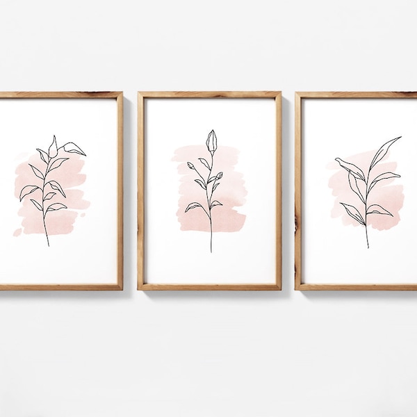 3 Piece Flower Line Drawing Triptych Featuring Pastel Pink Watercolor Splash, Botanical Line Art Set of 3 Prints, Digital Wall Art Set
