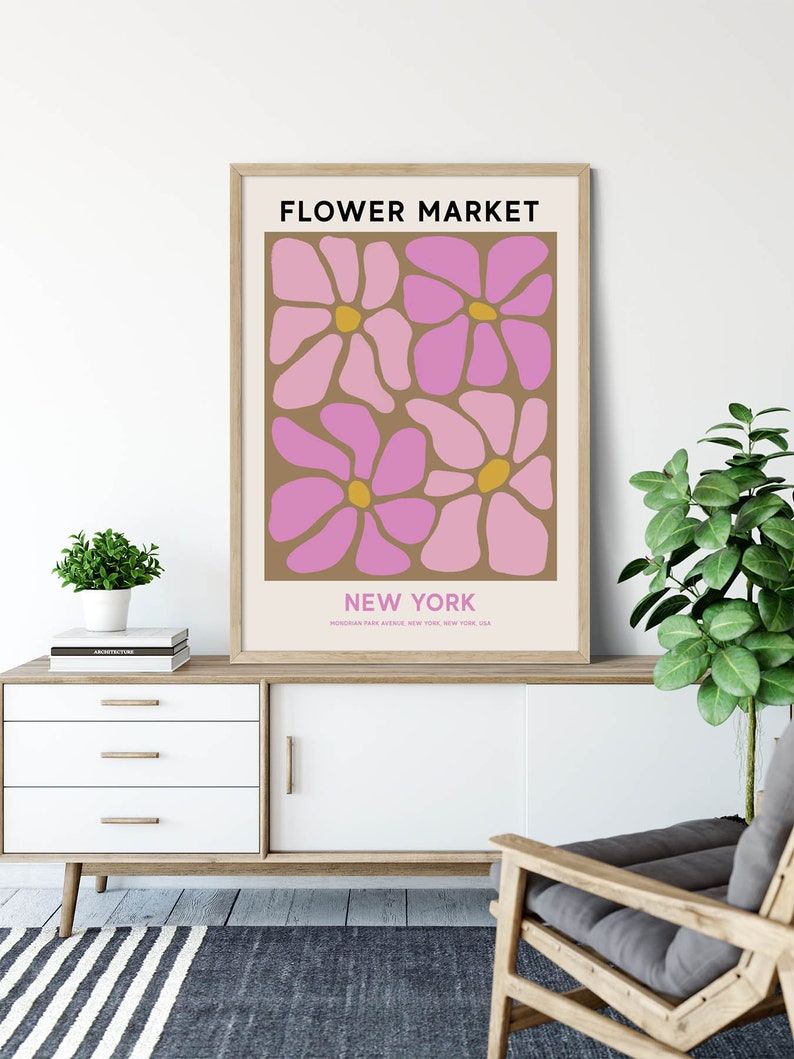 New York Flower Market Printable Wall Art, Pink Flower Market Poster, Abstract Flower Painting, New York Print, Abstract Pink Daisy Art image 2