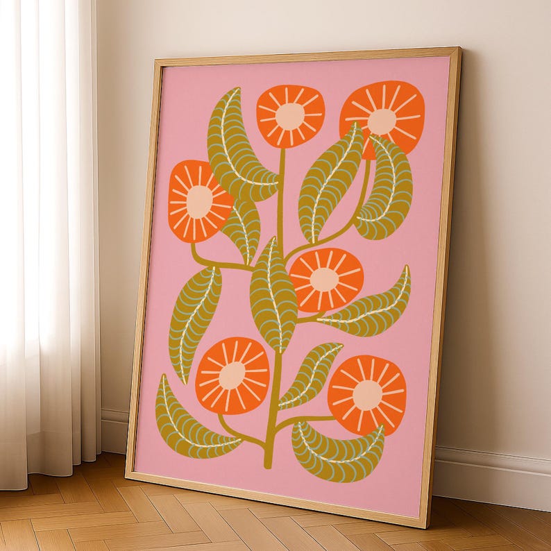 Mid Century Modern Flower Art Print, Pink and Orange Retro Wall Art ...