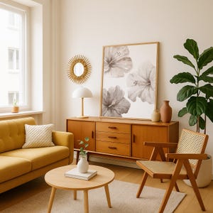 May include: A living room scene with mid-century modern furniture. A yellow sofa, wooden cabinet, and round coffee table are featured. A large framed floral print and a rattan chair add to the decor. A sunburst mirror and a table lamp are also visible.