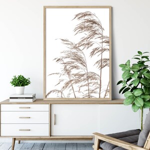 May include: A framed print of a minimalist botanical illustration featuring brown dried grasses against a white background.