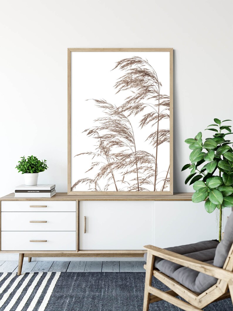 May include: A framed print of a minimalist botanical illustration featuring brown dried grasses against a white background.