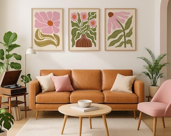 Pink Flower Wall Art Set of 3, Warm Botanical Printable Decor, Mid Century Modern Floral Prints for Living Room, Bold Green and Pink Art