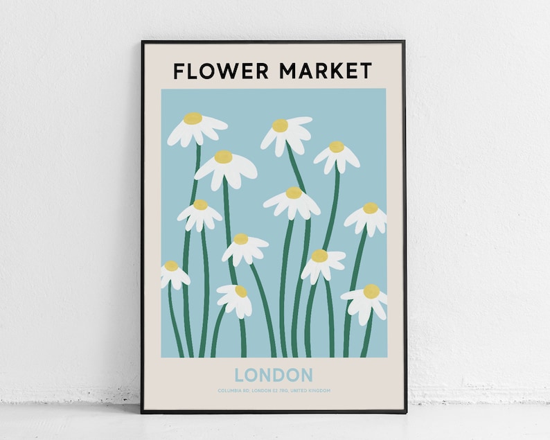 London Flower Market Print, Digital Flower Market Poster, Blue and White Daisy Painting, Gallery Wall Art, Travel Wall Art, Botanical Print zdjęcie 5