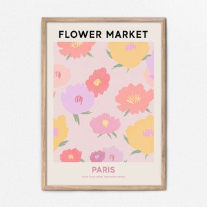 Paris Flower Market Print, Digital Flower Market Poster, Pink Flower Painting, Gallery Wall Art, Paris Travel Wall Art, Botanical Print