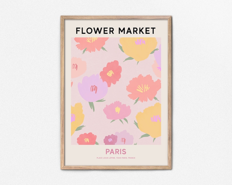 Paris Flower Market Print, Digital Flower Market Poster, Pink Flower Painting, Gallery Wall Art, Paris Travel Wall Art, Botanical Print image 1