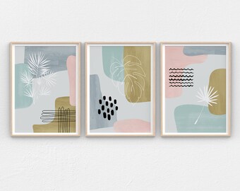 Abstract Painting Set of 3 Tropical Decor, Abstract Art Set of 3 Wall Art, Mustard, Teal, Blue and Pink Decor Printable 3 Piece Wall Art Set