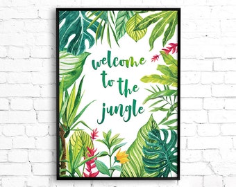 Willkommen im Dschungel druckbare Wandkunst, tropisches Dekor Monstera Druck Zimmerpflanze Liebhaber Pflanzendame Geschenk Jungle Kinderzimmer Dekor Willkommensschild