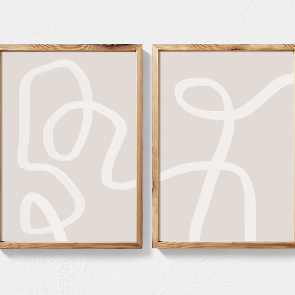 Minimalist 2 Piece Wall Art in Beige Abstract Wall Art Set of 2 Scribble Art Set of Two Abstract Paintings Extra Large Printable Wall Art