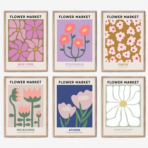 Flower Market Print Set of 6, Printable Flower Market Set, New York, Amsterdam, Tokyo Flower Market Gallery Wall Art Set, Maximalist Decor