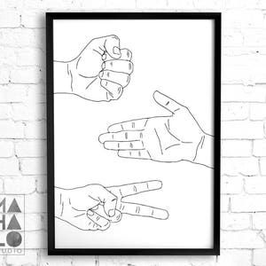 Paper Scissors Rock printable wall art minimal black and white decor line art hand print extra large Instant download Humour hand gestures