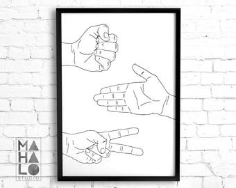 Paper Scissors Rock printable wall art minimal black and white decor line art hand print extra large Instant download Humour hand gestures
