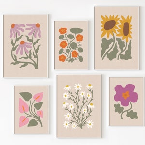 Floral Gallery Wall 6er Set Drucke Sonnenblume Prints Gänseblümchen Wandkunst Botanisches Druckset Blumengalerie Wandkunst Set Bunte Blumen Wandkunst