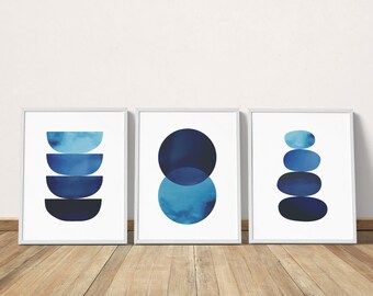 Abstract Art Geometric Art Set of 3 Blue Ombre Coastal Wall Art Navy Decor Scandinavian Style Extra Large Wall Art Contemporary Art Zen Art