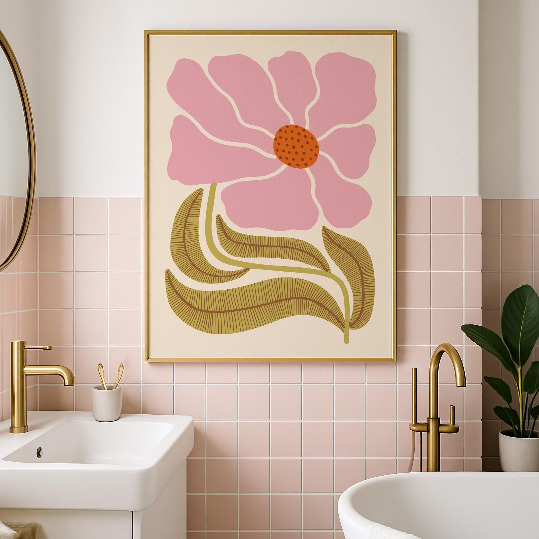 Bold Pink Flower Wall Art– Retro Botanical Print With Orange