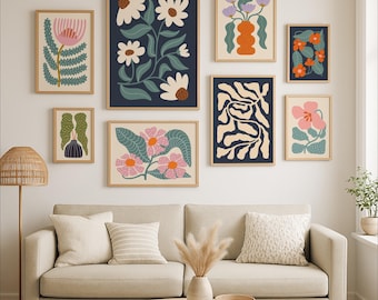 Colorful Gallery Wall Set of 8 Prints, Modern Floral Abstract Art for Living Room, Mid Century Botanical Wall Art Printable Bundle