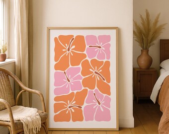 Abstract Hibiscus Wall Art Pink and Orange Tropical Flower Poster Aesthetic Floral Wall Art Retro Hawaii Print